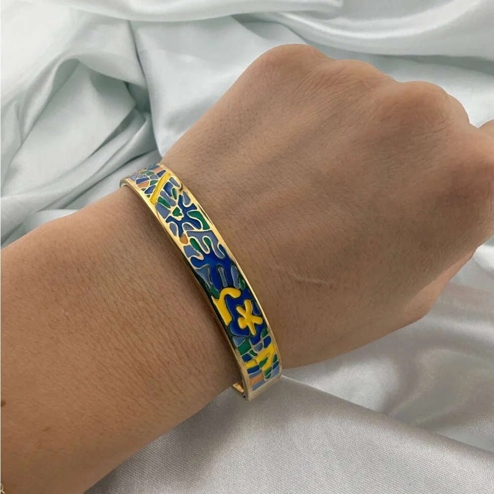New women stainless steel art Gold and Blue Enamel Bracelet